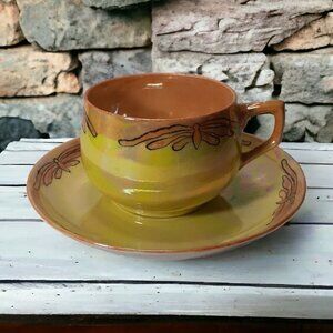 Vintage Artist Signed Lustreware Cup Saucer Iridescent Yellow Orange Butterflies